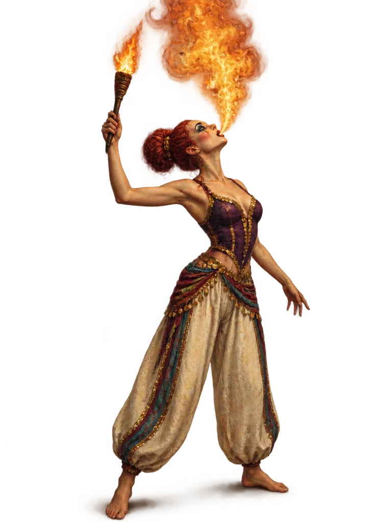 Fire-Eater menyemburkan api ke atas sambil mengangkat obor