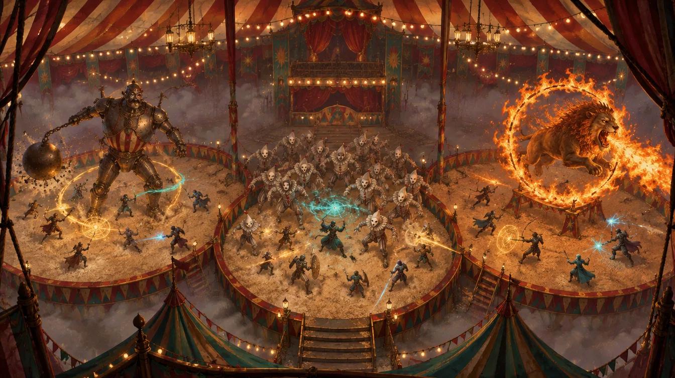 Tangkapan raid the Show dari kamera tinggi: tiga ring berdampingan, tiap ring satu tim melawan automaton, kerumunan badut, dan singa api