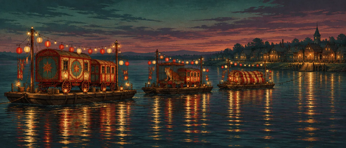 Lantern Ferry: tiga rakit berlampion membawa gerobak, kandang harimau, dan tenda terlipat menyeberangi sungai saat senja